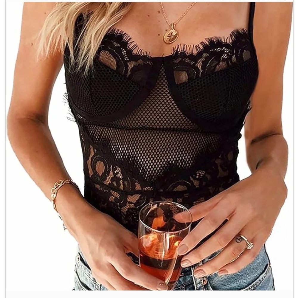 NWOT Kaei & Shi Bodysuit Lace Sz M Black Mesh Goth Romantic Boudoir Date Night
